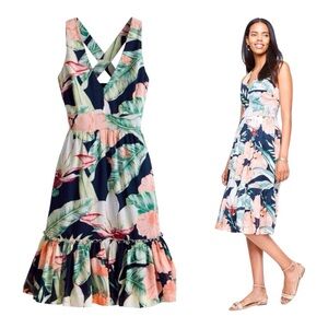 Ann Taylor Island Tropical Floral Navy Sleeveless Cross Back Flair Midi Dress